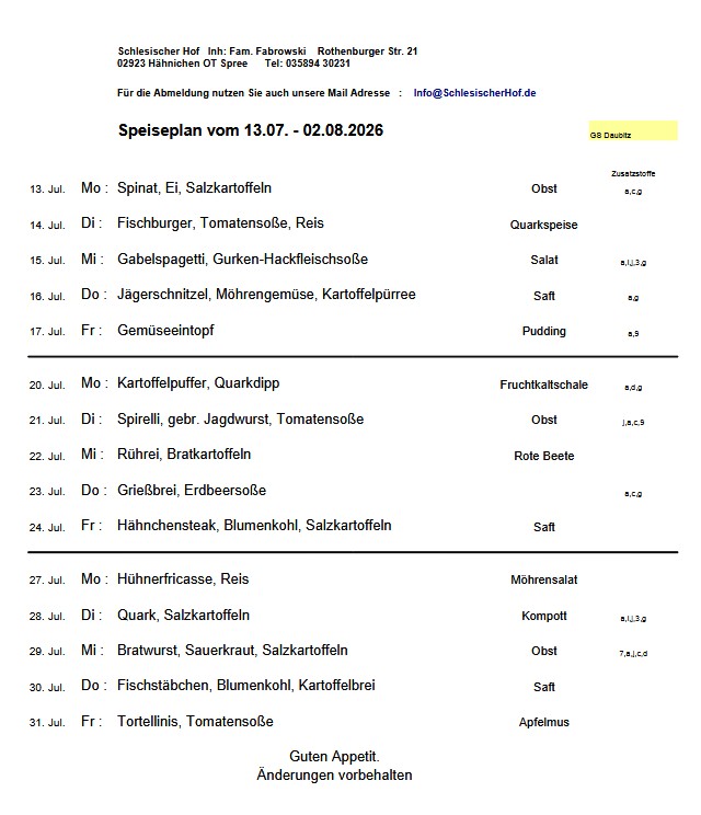 Speiseplan Juli