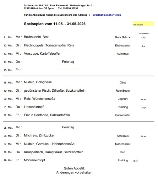 Speiseplan Mai 2026